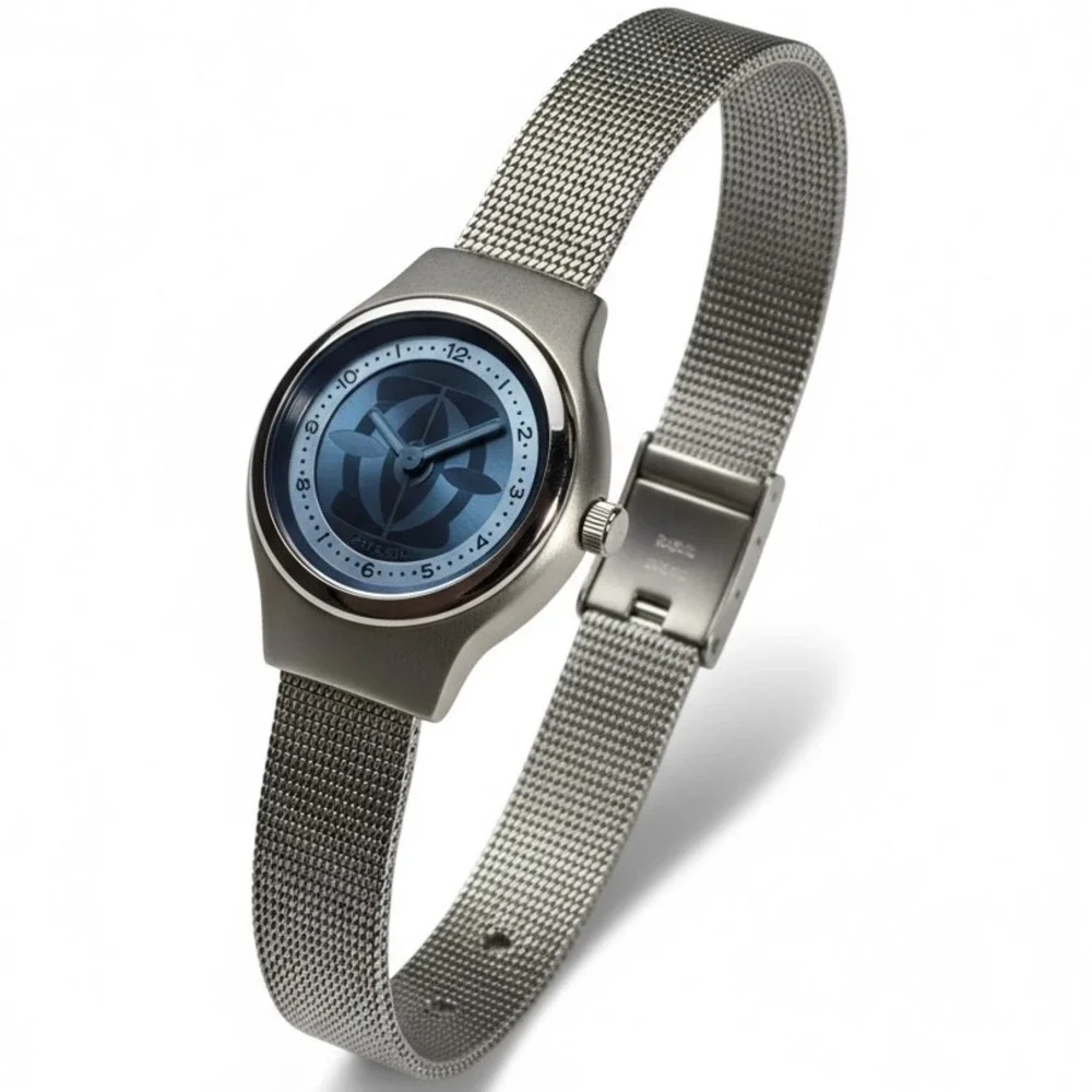 Fossil Big Tic Y2k‎ JR-7876 Women's Silver SS Mesh Band Blue Dial 30.3mm Watch